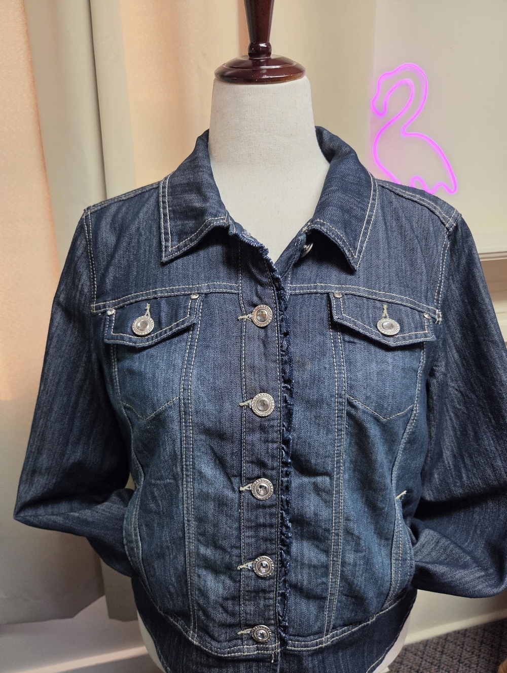Christopher & Banks Denim Jacket W/rhinestone Buttons Size Large